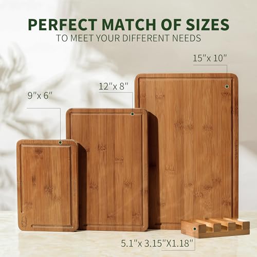 BAMBANG Bamboo Cutting Board, Dark Carbonized Chopping Boards Set of 3 with Stand, Butcher Block with Deep Juice Groove, Non-Toxic Wooden Cutting Boards for Kitchen Meal Prep & Serving - color: Dark