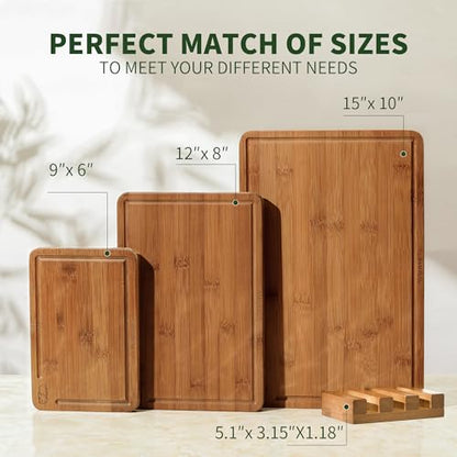 BAMBANG Bamboo Cutting Board, Dark Carbonized Chopping Boards Set of 3 with Stand, Butcher Block with Deep Juice Groove, Non-Toxic Wooden Cutting Boards for Kitchen Meal Prep & Serving - color: Dark
