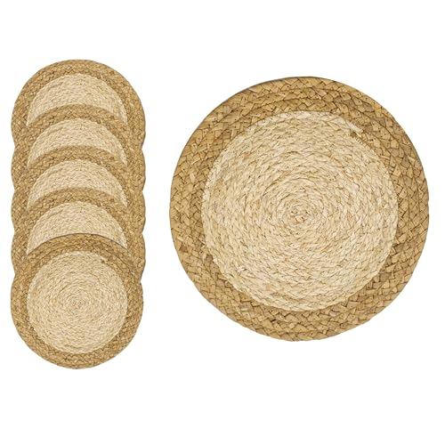 Woven Placemats Set of 6, 11.8 Inch Round Table Mats, Farmhouse Boho Placemats for Rustic Home Decor, Braided Natural Corn Husk & Water Hyacinth, Stylish for Dining, Parties