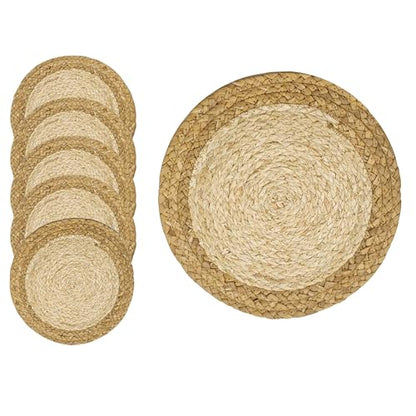 Woven Placemats Set of 6, 11.8 Inch Round Table Mats, Farmhouse Boho Placemats for Rustic Home Decor, Braided Natural Corn Husk & Water Hyacinth, Stylish for Dining, Parties