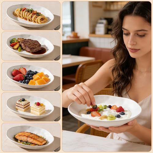 Handcrafted Ceramic Plates Set of 2, Pasta Bowls | 10'' Serving Bowls for Entertaining, Serving Dishes | Porcelain White Shallow Bowls for Salad, Soup, Pasta and Dinner Microwave/Oven/Dishwasher Safe - color: White Speckled