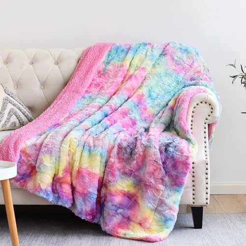 NEWCOSPLAY Faux Fur Sherpa Throw Blanket for Couch, Dark Rainbow, 50"x60" | Super Soft Cozy Fuzzy Plush Warm Thick Decorative Non-Heated Blanket for Sofa Bed, Gift for Women Men, All Season Use - color: Dark Rainbow, size: Throw(50"x60")