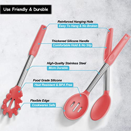 Silicone Spatula and Cooking Spoon,5 Pack Non-Stick Cooking Utensils for Kitchen，Heat Resistant Solid & Slotted Spoons and Spatulas, Stainless Steel Handle Coated with Silicone,Red - color: Red
