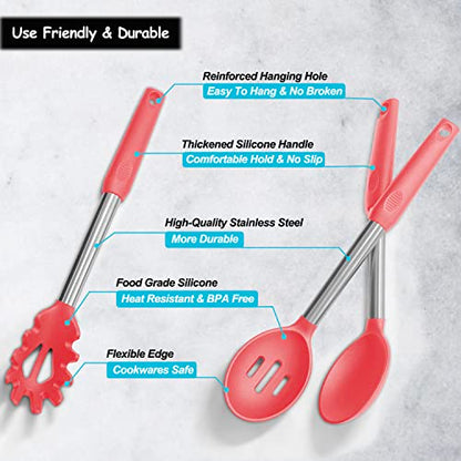 Silicone Spatula and Cooking Spoon,5 Pack Non-Stick Cooking Utensils for Kitchen，Heat Resistant Solid & Slotted Spoons and Spatulas, Stainless Steel Handle Coated with Silicone,Red - color: Red