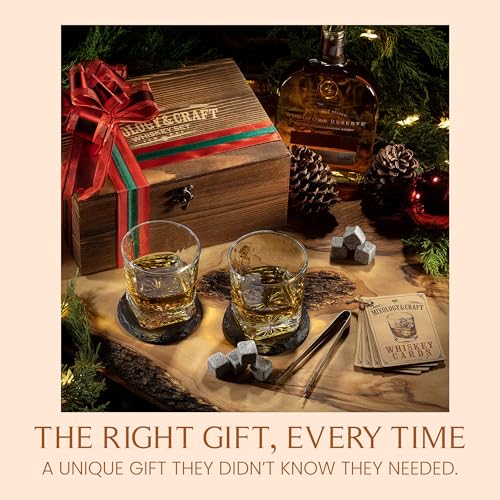 Mixology & Craft Whiskey Stones Gift Set – Includes Two 10oz Crystal Whiskey Glasses, 8 Granite Chilling Rocks, Slate Coasters, Metal Tongs, Cocktail Recipe Cards, Elegant Wooden Storage Box - size: Dark Latch Crate