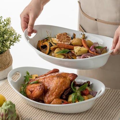 YHOSSEUN Large Serving Bowl with Handles, Oval Serving Platter Set of 2 | Thanksgiving Serving Dishes for Entertaining, Ceramic Salad Bowls Set, 1.5 Quarts, White, Microwave Dishwasher Oven Safe - style: Oval