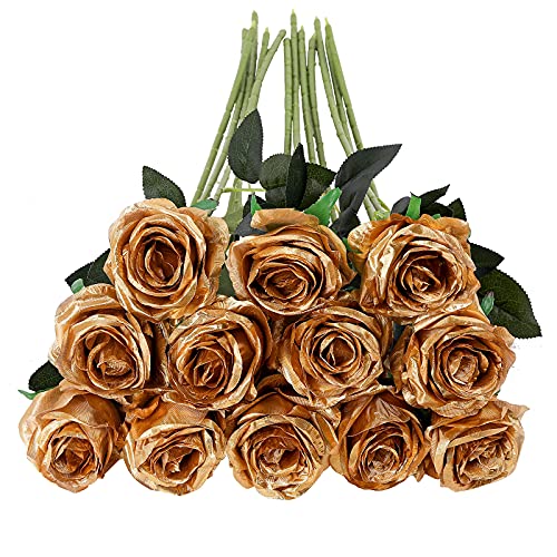 Tifuly 12Pcs Roses Realistic Long Stem Fake Silk Artificial Flowers Gold | 12Pcs Realistic Single Long Stem Fake Silk Roses Bouquet for Party Home Wedding Centerpiece Hotel Office Decor ﻿ - color: Gold