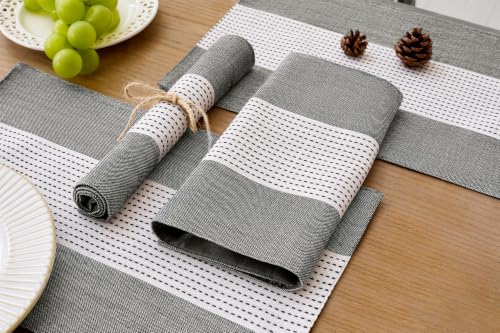 Wracra Linen Placemats Set of 6, Black Macrame Place Mats for Kitchen Table | Stripe Placemats 12 x 18 Inch; Heat Resistant Table Mats; Premium Cotton Linen Woven Fabric; Delicate Splicing Designs - color: Black, size: 12×18 Inch (Set of 6)