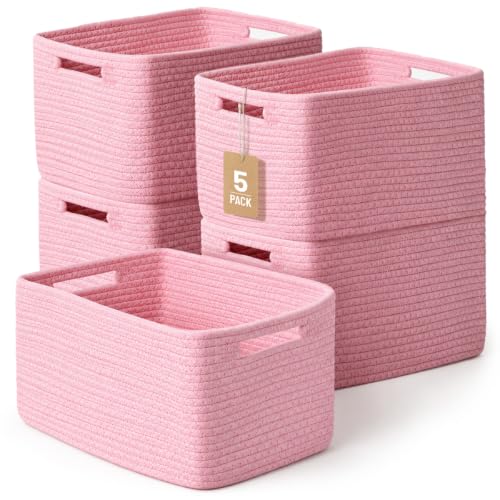 5 Pack Woven Storage Baskets, Decorative Storage Bins for Organizing | 13.8'' × 9.8'' × 7.9'', Cute Cotton Rope Basket Organizer for Closet, Shelves, bathroom, Nursery, Toys, Books, Pantry, Pink - color: Pink