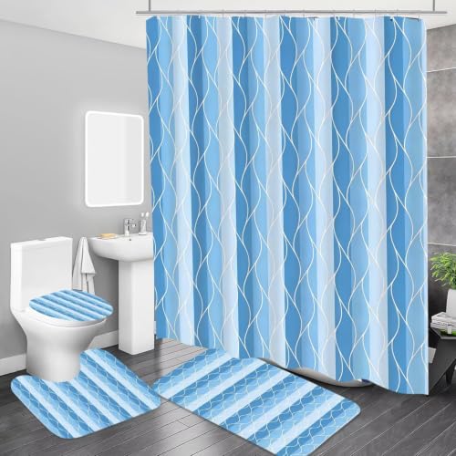 DDQQ 4Pcs Light Blue Bathroom Set Stripe Shower Curtain Set Modern Geometric Shower Curtain for Bathroom with 12 Hooks, Bathroom Carpet Bath Mat and Toilet Rugs - color: Light Blue