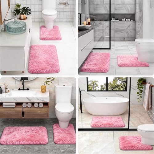 Shaggy Bathroom Rugs Set Plush Velvet Bath Rugs Non-Slip Bath Mat Set 3 Piece,Washable Mats,Absorbent Shaggy Rugs Super Soft U-Shaped Toilet Rug,Bahroom Carpets for Bathroom,Tub,Shower(Light Pink - color: Light Pink