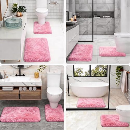 Shaggy Bathroom Rugs Set Plush Velvet Bath Rugs Non-Slip Bath Mat Set 3 Piece,Washable Mats,Absorbent Shaggy Rugs Super Soft U-Shaped Toilet Rug,Bahroom Carpets for Bathroom,Tub,Shower(Light Pink - color: Light Pink
