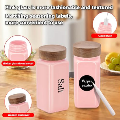 6Pcs 4 oz Square Glass Spice Jars with Label, Empty Spice Containers with Wooden Lids, Square Seasoning Containers and Supplement Set, Small Seasoning Bottles for Salt, Sugar, Pepper (Pink) - color: Pink