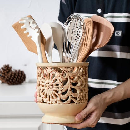 Farmhouse Kitchen Utensil Holder for Countertop, Ceramic Large Cooking Utensil Crock with Cork Mat, Decorative Rustic Utensil Holder for Kitchen Counter, Hollow Carving Flower, Beige | 6.9" Large Cooking Utensil Crock for Countertop, Decorative Rustic Ute