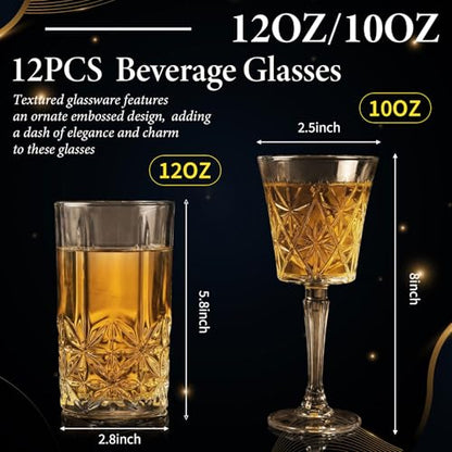 Uiifan 12 Pcs Drinking Glassware Set 6 Highball Glasses 12 oz 6 Glass Goblets 10 oz Crystal Glassware Set Clear Fancy Cups Vintage Textured Designer Cup for Cocktail Tea Water Beer Soda Dishwasher