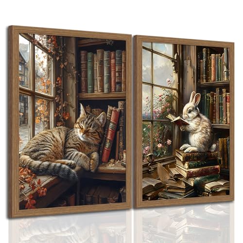 2Pcs Easter Framed Cute Cat and Bunny Reading Books Canvas Wall Art Vintage Library Animal Painting Storybook Style Nursery Decor for Children's Room Living Room Bedroom Office Home Decor 16x24in - color: Cute Cat and Bunny, size: 16x24 Inches