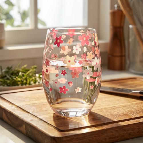 Hand Blown Etched Stemless Wine Glasses 19oz, Set of 4, Everyday Drinking Glasses, Large capacity, Unique Gifts for Him Her for Birthday, Wedding, Anniversary (Clear With Cherry Blossoms) - color: Clear With Cherry Blossoms