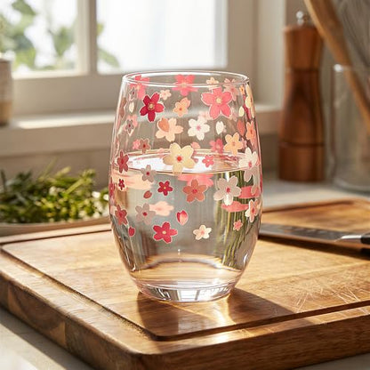 Hand Blown Etched Stemless Wine Glasses 19oz, Set of 4, Everyday Drinking Glasses, Large capacity, Unique Gifts for Him Her for Birthday, Wedding, Anniversary (Clear With Cherry Blossoms) - color: Clear With Cherry Blossoms
