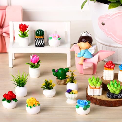 30 Pcs Miniature Plants Accessories Mini Artificial Potted Flower Tiny Resin Greenery Cactus Figurine for Desktop Gift DIY Garden Bonsai Micro Landscape Decoration(Plants) - style: Plants