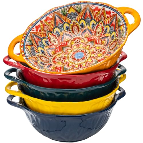 XKXKKE 5 Pack Boho Ceramic Serving Bowls with Handles, 40 Oz Porcelain Salad Bowls, Large Serving Dishes for Entertaining, Mixing Bowls for Soup, Stew, Pasta, Cereal, Colorful Embossed Cute Bowls Set - color: Orange+Green+Blue+Red+Yellow