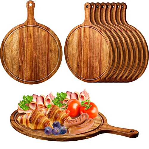 Nuenen 10 Pcs Round Wood Cutting Board with Handle Acacia Wooden Serving Kitchen Chopping Boards for Pizza, Bread, Cheese, Charcuterie, Fruit, Vegetables(Acacia)