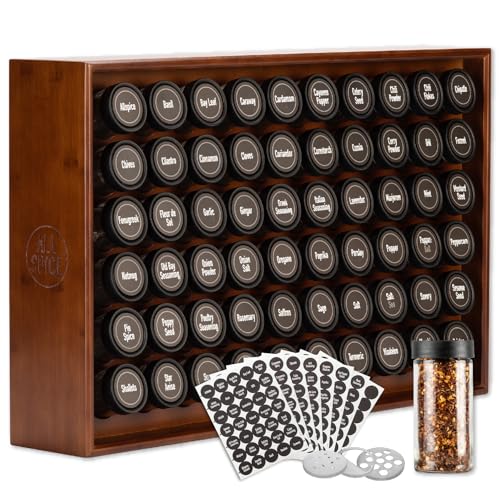 Spice Rack Organizer, Wood, 525 Unique Labels, Countertop or Wall Mount, Includes 60 4oz Jars- Walnut Stain - color: Walnut Stain, size: 60 Jar