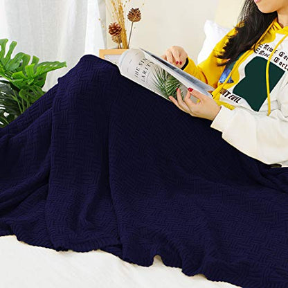 uxcell 100% Cotton Knit Throw Blanket, Cable Decors Navy Blue 47x70 - color: Navy Blue