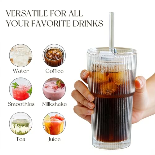 KEMORELA 20oz Ribbed glass cups with lids and straws, Iced Coffee Cups | Reusable thick-wall glass, Leak-Proof Lids, Fits Most Car Cup Holders, For Iced Coffee and Cold Drinks, With Cleaning Brush - size: 20oz 0.3"straw