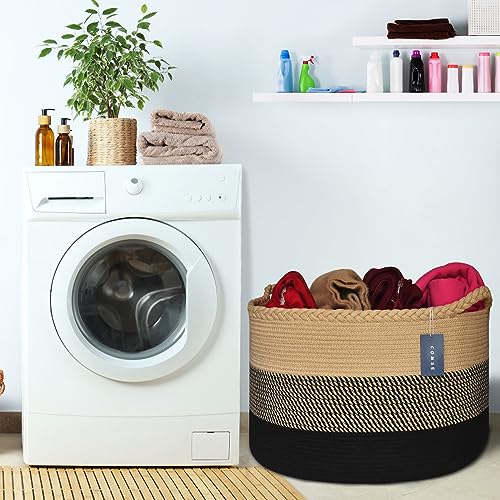 COMSE XXXLarge Woven Blanket & Laundry Basket, 87L, Brown & Black | 21.7" x 13.8", Cotton Rope, Nursery Hamper for Storage of Toys Clothes Towels, Ideal for Living Room Bedroom Bathroom - color: Brown & Black