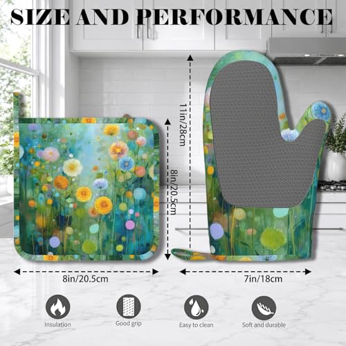 Abstract Oil Painting Flowers Oven Mitts and Pot Holders Sets Non-Slip Silicone Surface for BBQ Gloves,Kitchen,Cooking,Baking,Grilling - color: Abstract Oil Painting Flowers
