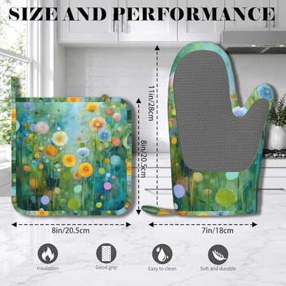 Abstract Oil Painting Flowers Oven Mitts and Pot Holders Sets Non-Slip Silicone Surface for BBQ Gloves,Kitchen,Cooking,Baking,Grilling - color: Abstract Oil Painting Flowers