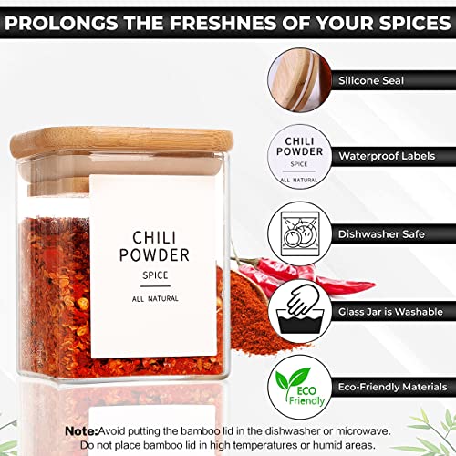 HHMJSM 12 Pcs Square Glass Spice Jars with Natural Bamboo Lids - 5oz Airtight Herb Containers with 148 Waterproof Minimalist Spice Labels Preprinted - Empty Small Seasoning Jars for Kitchen Pantry - color: 5oz(12pcs)