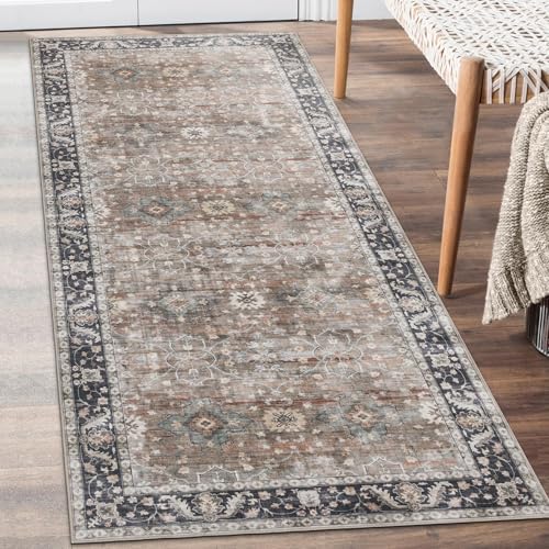 Machine Washable Area Rug Runner - Living Room Bedroom Bathroom Kitchen Entryway - Padded Low Pile Stain Resistant Premium - Boho Farmhouse Vintage - BEV - Beige Tan Brown 2'6" x 6' - color: Bev - Beige Tan Brown, size: 2'6" x 6' (Rectangular)