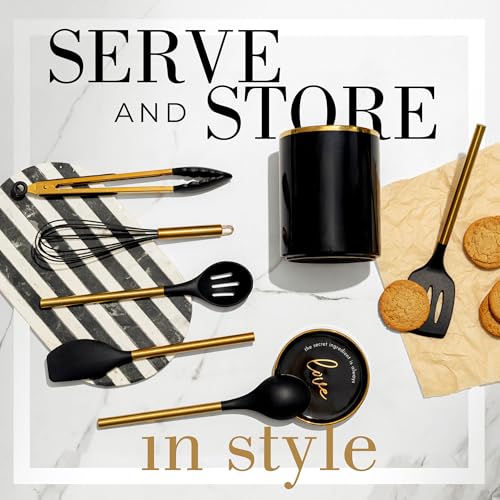Styled Settings Black and Gold Kitchen Utensils Set with Holder, 8-Piece | Heat Resistant, Nonstick, Black Silicone Cooking Utensils Set, Ceramic Utensil Holder & Stackable Gold Spoon Rest - color: 8PC Black & Gold
