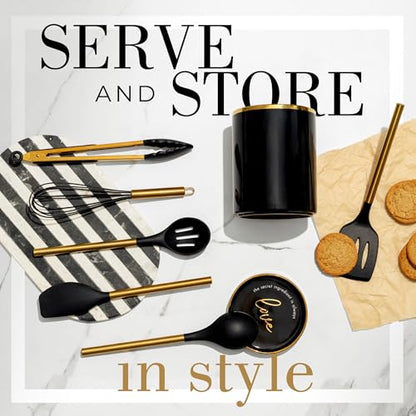 Styled Settings Black and Gold Kitchen Utensils Set with Holder, 8-Piece | Heat Resistant, Nonstick, Black Silicone Cooking Utensils Set, Ceramic Utensil Holder & Stackable Gold Spoon Rest - color: 8PC Black & Gold