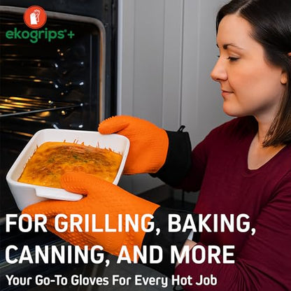 Ekogrips Plus Oven Gloves with Fingers, Comfy Waterproof Silicone Oven Mitts Heat Resistant with Long Cuff, Insulated BBQ Gloves Perfect for Grilling, Baking, Smoker, Canning, and Pizza, Black, OSFM - color: Black, size: OSFM