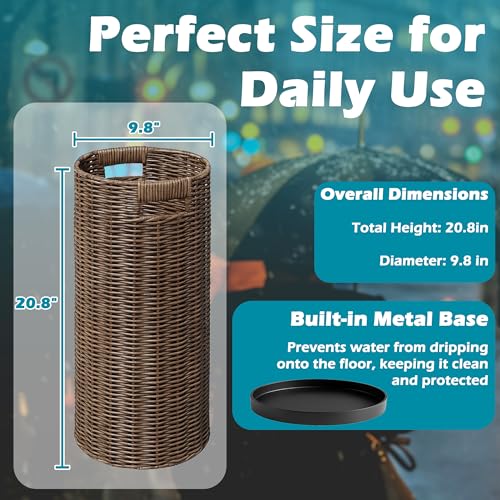 Rattan Umbrella Holder 21"H X 10"D, Handmade Wicker Umbrella Stand Indoor with Dip Tray, Sturdy Umbrella Holders for Entryway, Umbrella Bucket Fits Mudroom,Walking Canes,Home,Office (Brown) - color: Brown