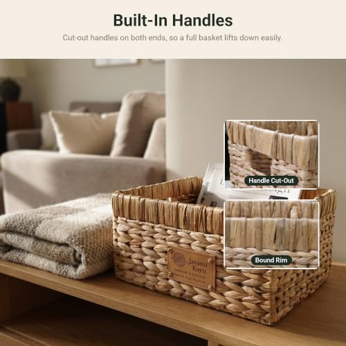 Handmade Water Hyacinth Wicker Storage Basket with Handles – Rectangle Organizer Bin for Shelves, Blanket, Bathroom, Closet – Stackable – Decorative & Durable (1, M: 14" x 10" x 8") - size: M: 14" x 10" x 8"