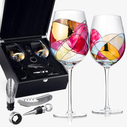 Artisanal Hand-Painted Stemmed Wine Glasses Set with Gift Box – Mother’s Day, Wife, Mom, Friends, or Girlfriend – Romantic Renaissance Stained Glass Windows – Birthday or Housewarming Gift Idea - style: Stemmed Glasses Full Gift Set