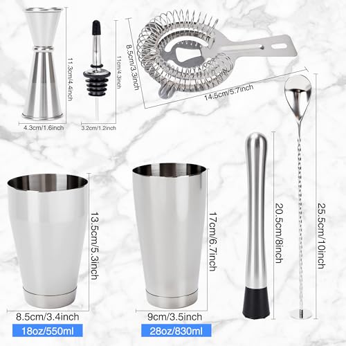 24 Pcs Shaker Set Stainless Steel Cocktail Drink 18 oz&28 oz Shaker Tin with Strainer Jigger Long Spoon Muddler Bottle Pourer Mixed Alcohol Tool for Beginner Bartender Kit