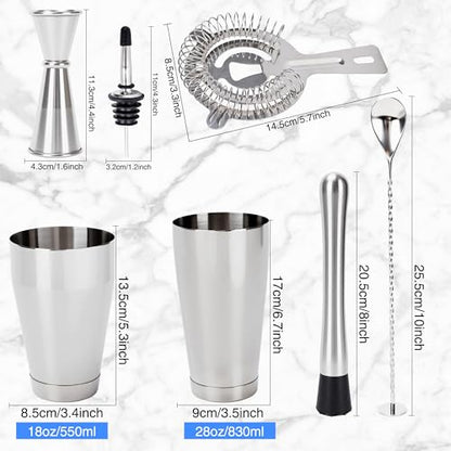 24 Pcs Shaker Set Stainless Steel Cocktail Drink 18 oz&28 oz Shaker Tin with Strainer Jigger Long Spoon Muddler Bottle Pourer Mixed Alcohol Tool for Beginner Bartender Kit