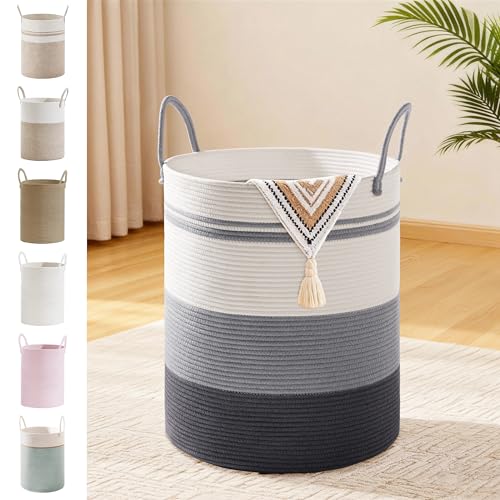 53L Tall Cotton Rope Laundry Basket with Handles, Grey Striped | Storage Bin for Clothes, Blankets & Kids Toys, Boho Woven Hamper, Portable Organizer for Nursery, Bedroom, Living Room - color: Grey Striped, size: 53L