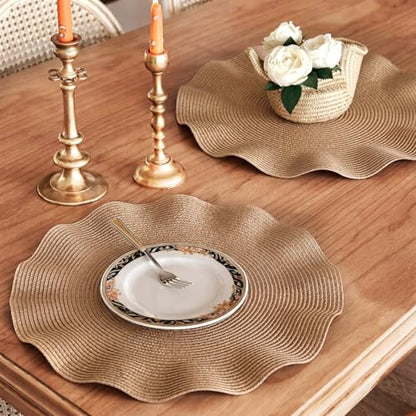 Irenare Scalloped Wedding Rattan Placemats Set of 6 Woven Round Placemat 15 Inch, Wicker Chargers Rattan Table Mat for Dining Table Cup Vase Home Holiday Birthday Party