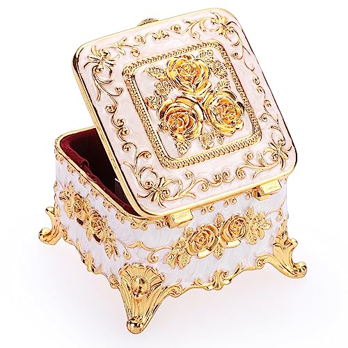 Hipiwe Small Metal Jewelry Trinket Box Ring Holder for Women, 3"x3"x2.4" | Vintage Enameled Treasure Chest Organizer Earrings Necklace Storage Case Decorative Keepsake Box Gift - color: Beige, size: Small
