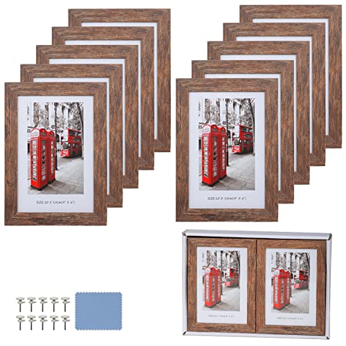 4x6 Wooden Picture Frames Set of 10 with Display Box | Rustic style antique brown wood grain photo frame suitable for desktop display and wall decoration. - size: 4 x 6 inches