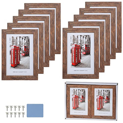 4x6 Wooden Picture Frames Set of 10 with Display Box | Rustic style antique brown wood grain photo frame suitable for desktop display and wall decoration. - size: 4 x 6 inches
