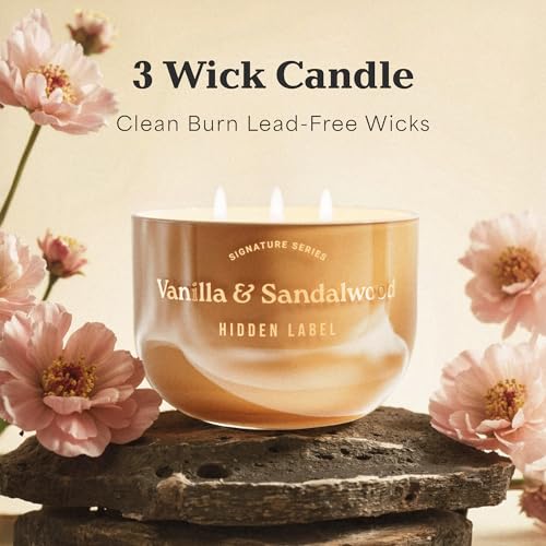 Hidden Label Vanilla Sandalwood Candle, 18oz 3 Wick, 70H Gold Bowl | Warm Amber Glass with Mirror Lid | Natural Non Toxic Soy Wax | Luxury Aromatherapy Gift for Women - color: Vanilla & Sandalwood