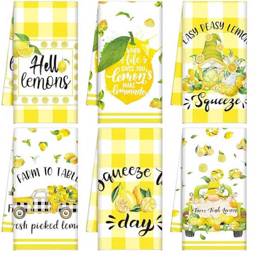 Tudomro 6 Pcs Lemon Kitchen Towels Summer Dish Beach Hand Tea Towel | Seasonal Kitchen Towels, Absorbent Fabric, Soft Kitchen Fingertip Farmhouse Bathroom Tea Towels, Housewarming Gift for Home - color: Lemon
