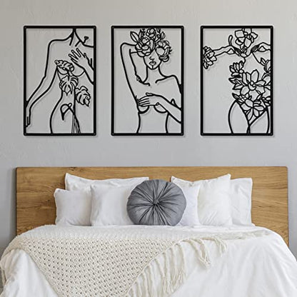 CHENGU 3 Pieces Metal Minimalist Abstract Woman Wall Art Line Drawing Wall Art Decor Single Line Female Home Hanging for Kitchen Bathroom Living Room - style: Body with Flower
