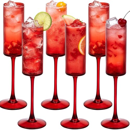 6Pieces Red Crystal Wine Glasses 6OZ Goblet Ribbed Champagne Flutes Mimosa Bar Toasting Glass Champagne Long Stem Vintage Drinking Colored Glasses for Birthday, Wedding, Cocktail Cups - color: Red, size: 6 PCS